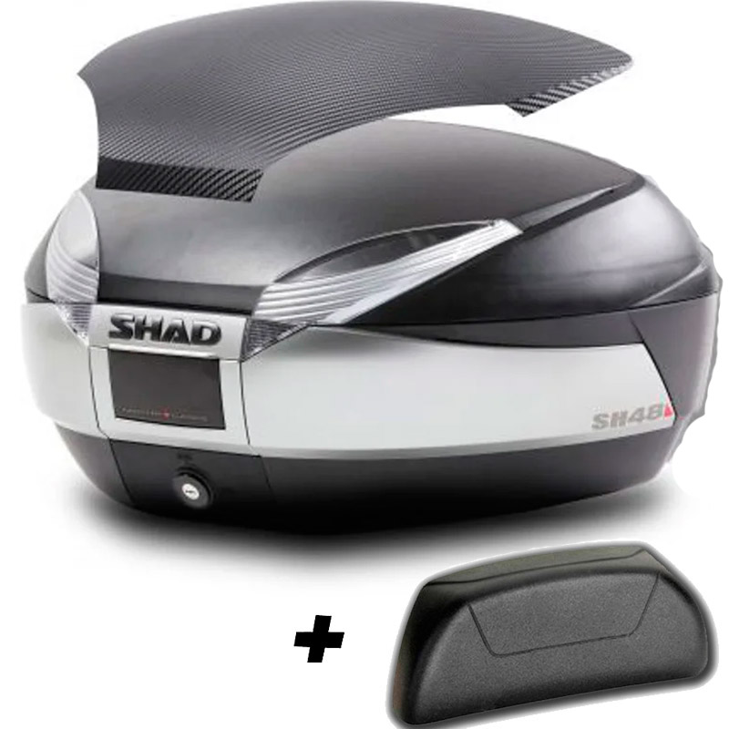 Baul Shad SH48 frontal Gris, tapa carbono y Respaldo