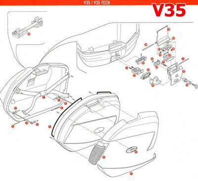 Despiece de las maletas laterales Givi V35 y V35Tech, todos los repuestos Â· 2