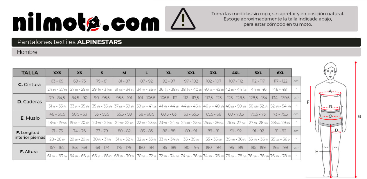 Gu&iacute;a de tallas de Pantalon Alpinestars Andes V4 Negro