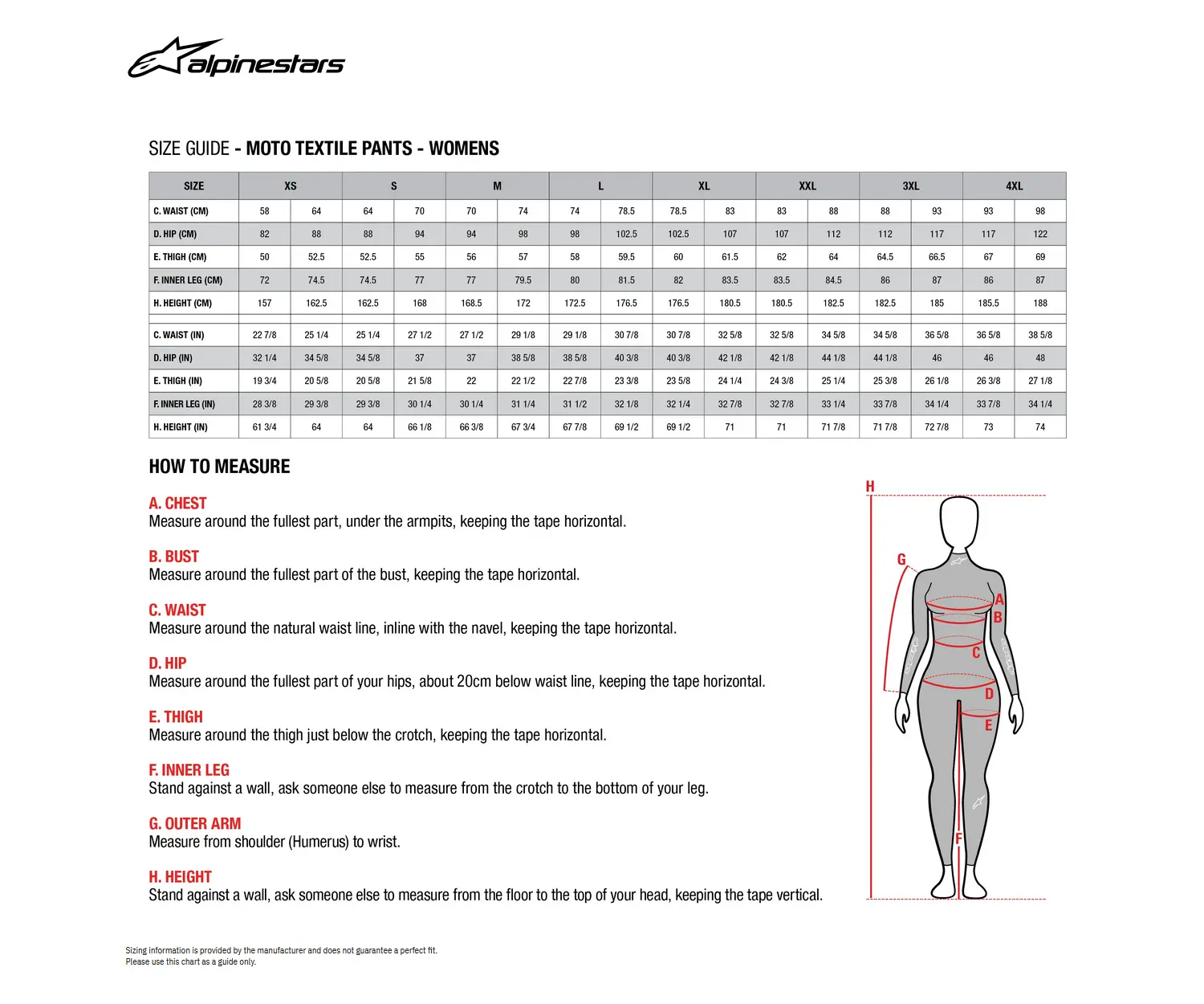 Gu&iacute;a de tallas de Pantalon Alpinestars Stella C-1 Air Negro