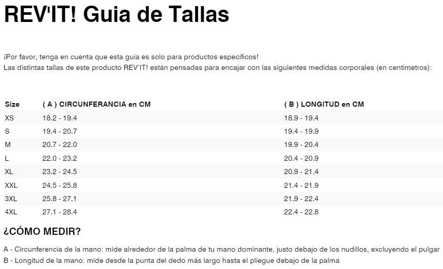 Gu&iacute;a de tallas de guantes revit croydon h2o negro