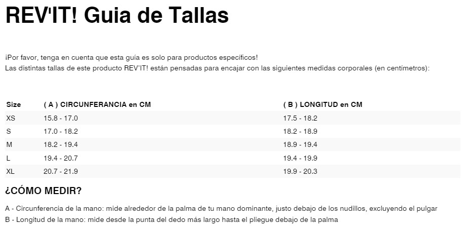 Gu&iacute;a de tallas de guantes revit dirt 4 mujer negro