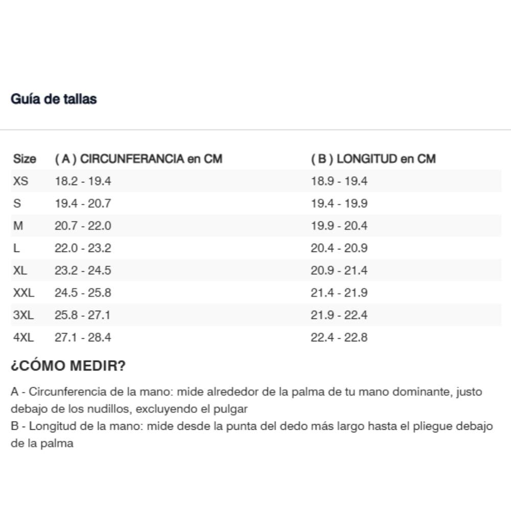 Gu&iacute;a de tallas de Guantes RITMO Revit Amarillo Flúor