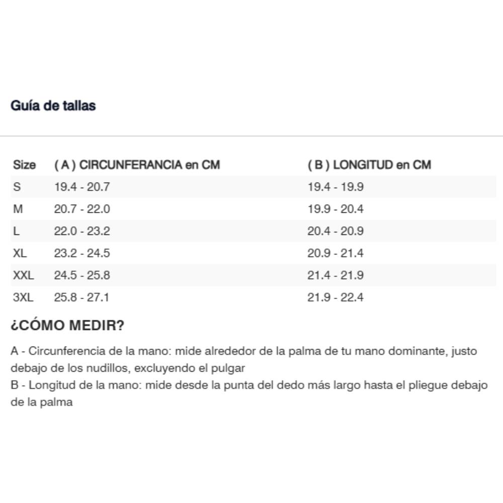 Gu&iacute;a de tallas de Guantes Revit ENDO Azul-Negro