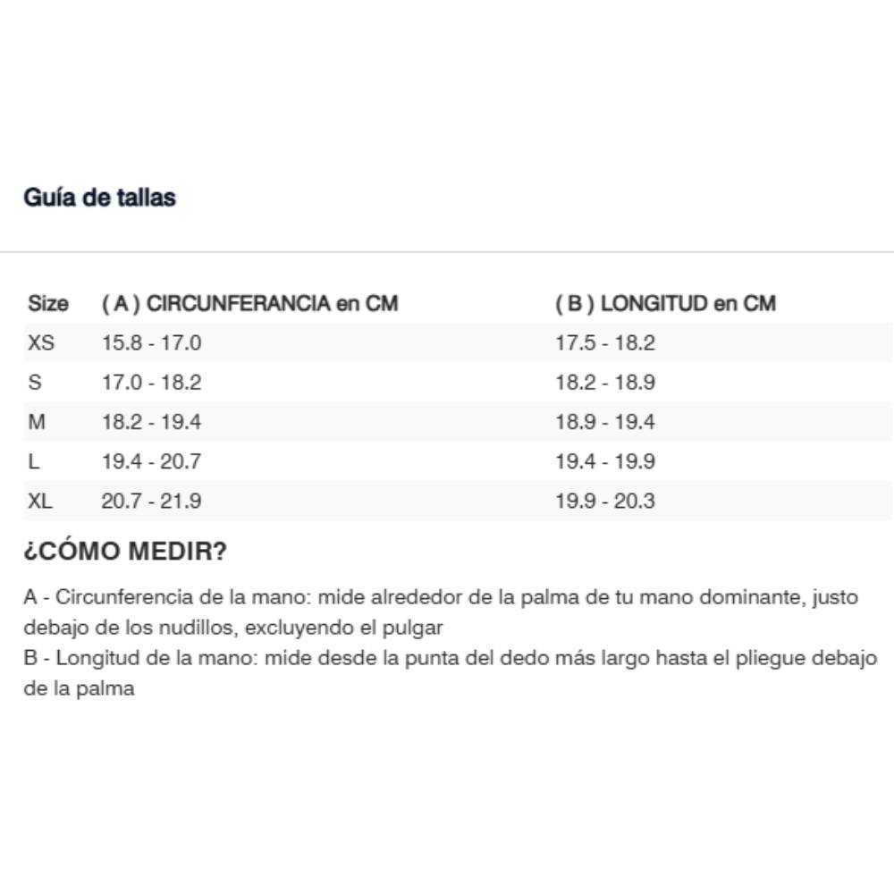 Gu&iacute;a de tallas de Guantes Revit ENDO Mujer Gris-Rojo