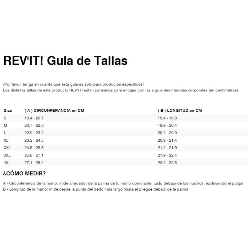 Gu&iacute;a de tallas de Guantes Revit Chevak 2 GTX negro