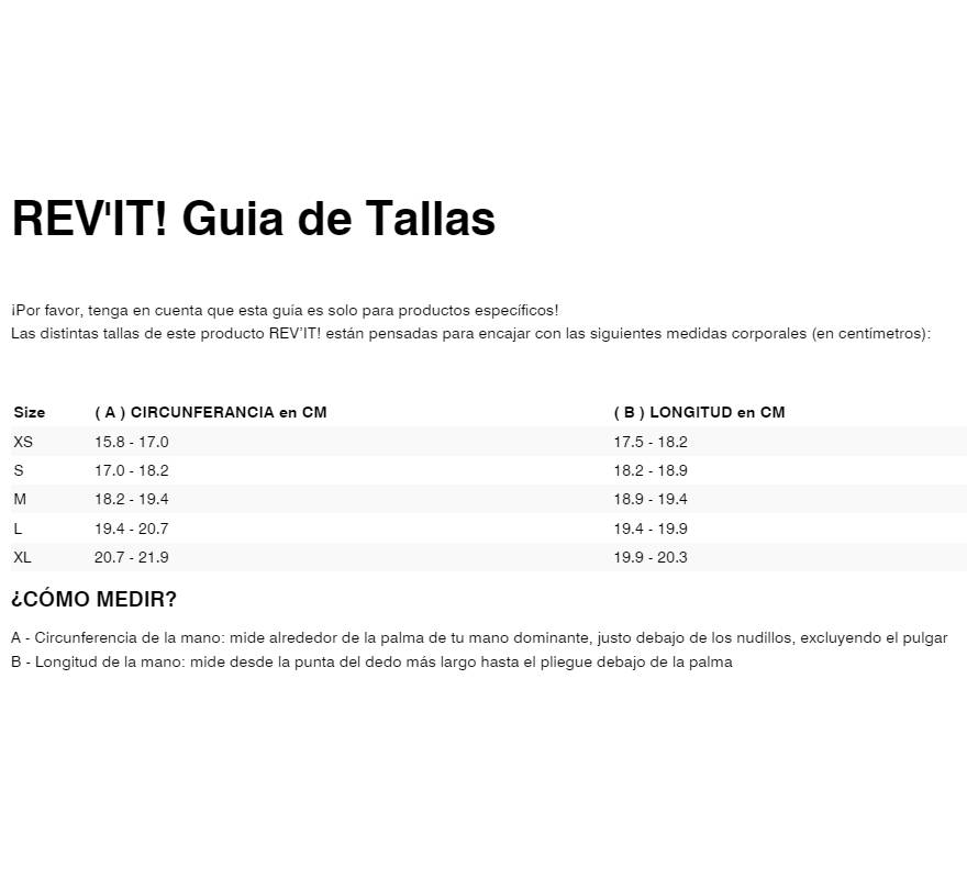Gu&iacute;a de tallas de Guantes Revit Chevak 2 GTX negro Mujer