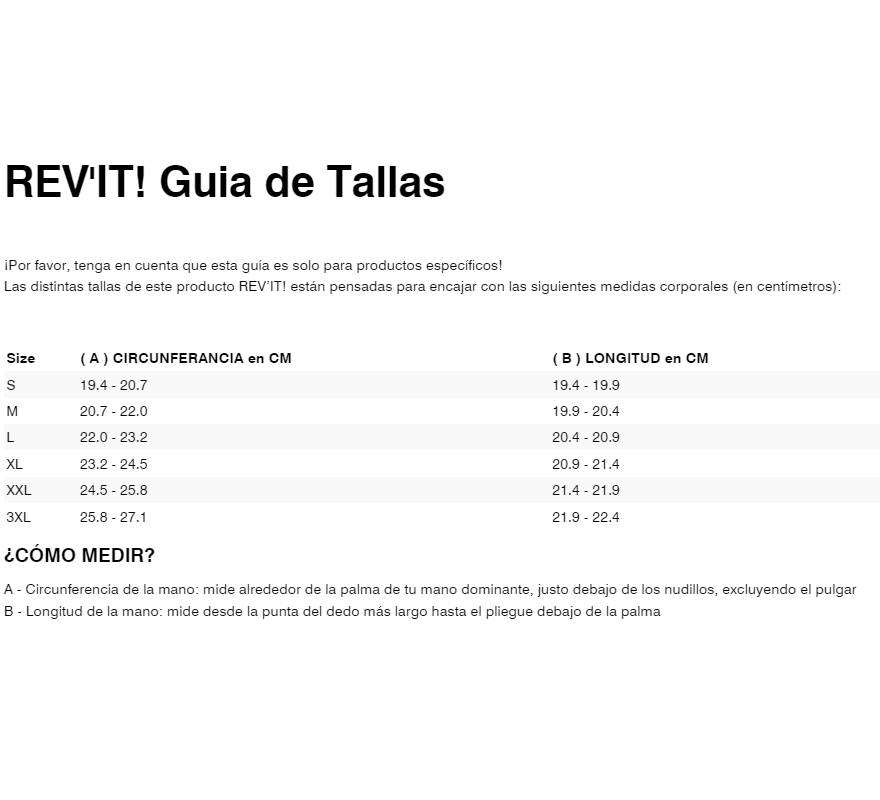 Gu&iacute;a de tallas de Guantes Revit Kryptonite 3 GTX negro