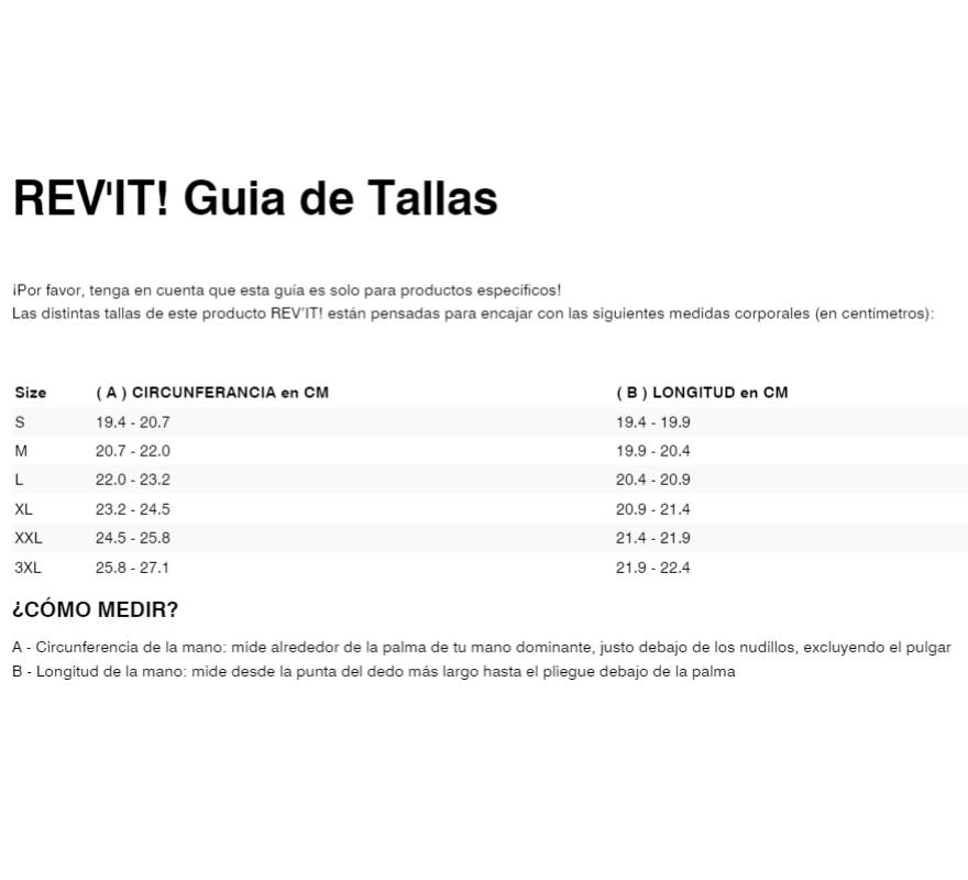 Gu&iacute;a de tallas de Guantes Revit Antigo H2O