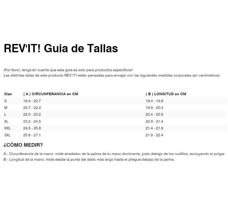 Gu&iacute;a de tallas de Guantes Revit Wayden H2O