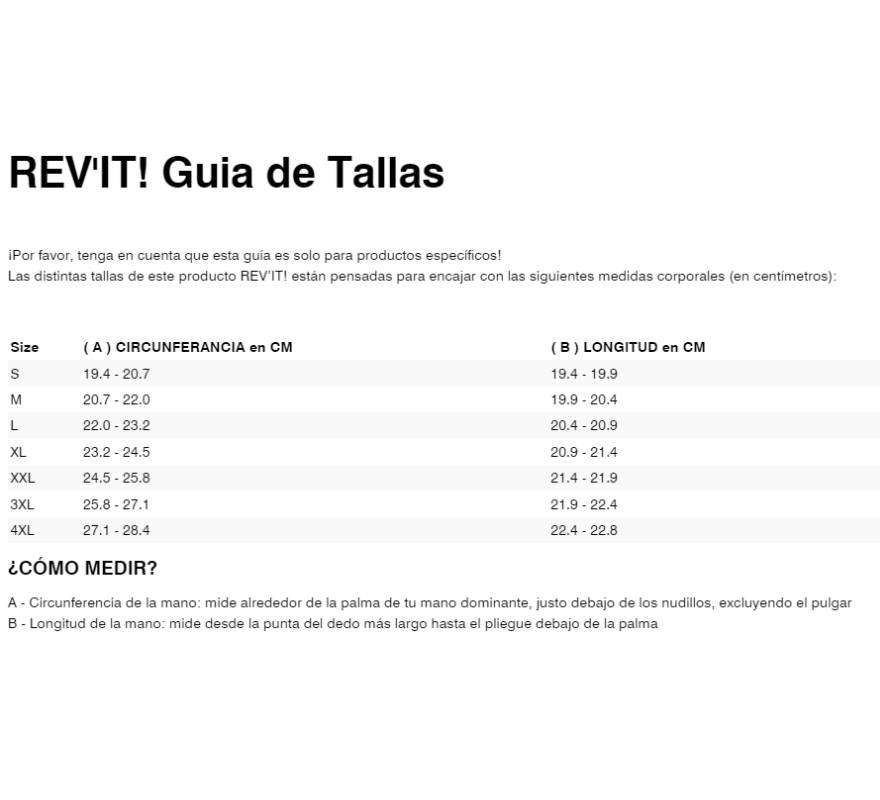 Gu&iacute;a de tallas de Guantes Revit Taurus 2 GORETEX