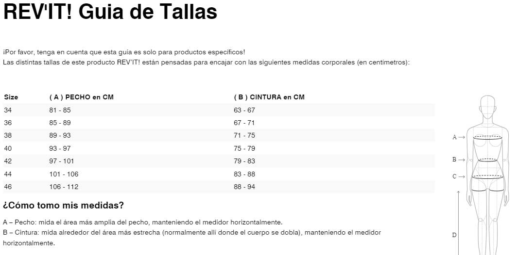 Gu&iacute;a de tallas de chaqueta revit eclipse 2 ladies fjt331 negro
