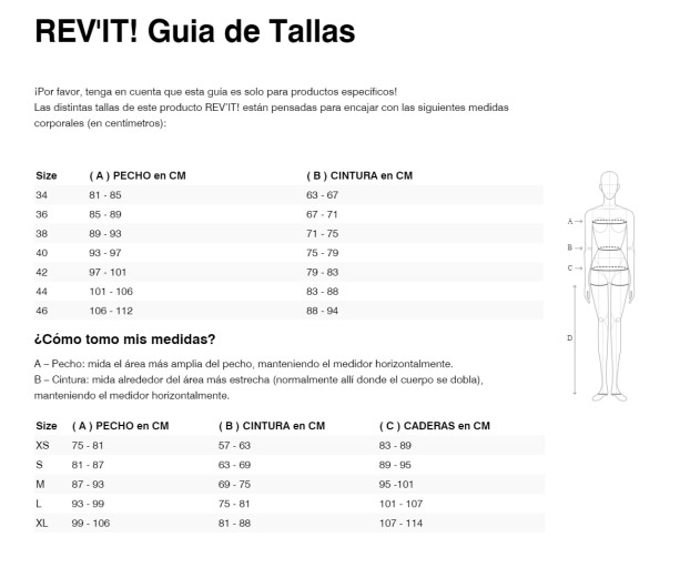 Gu&iacute;a de tallas de Chaqueta Revit Tornado de mujer 4 H20 FJT382 Plata-Negro