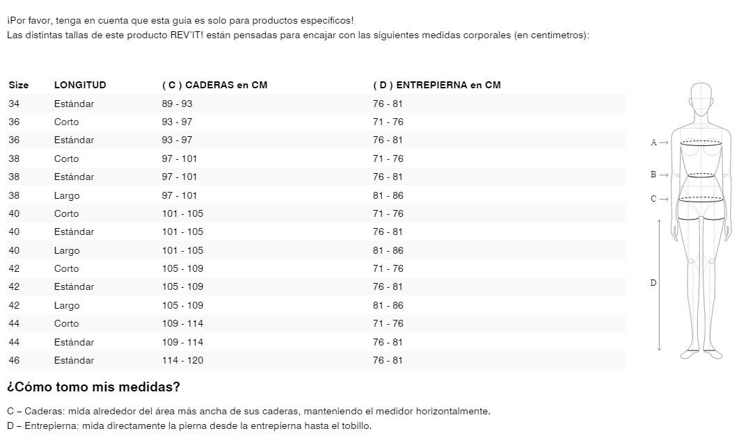 Gu&iacute;a de tallas de pantalón revit xena 4 Mujer negro