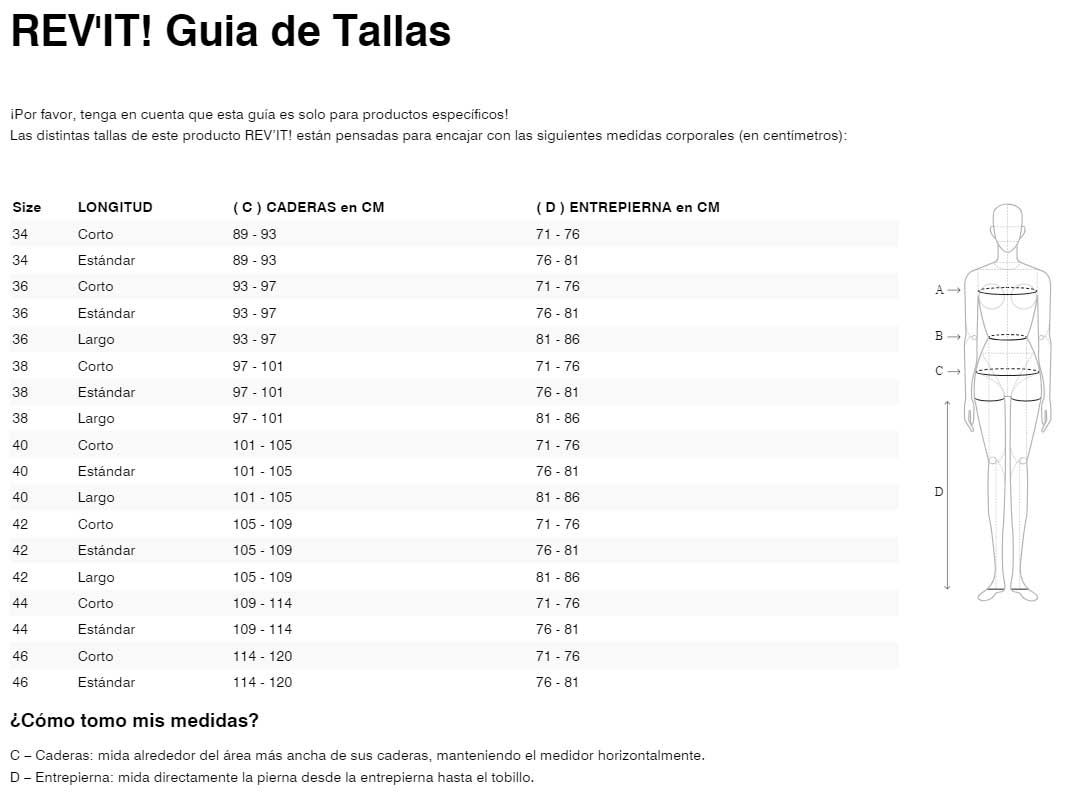 Gu&iacute;a de tallas de pantalon revit eclipse 2 ladies fpt117 negro corto