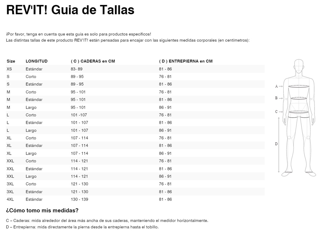 Gu&iacute;a de tallas de Pantalón Revit Tornado 4 H20 FPT138 Plata-Negro