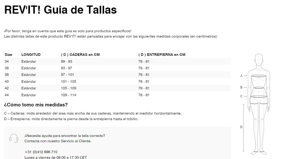 Gu&iacute;a de tallas de Pantalón Revit Tornado 4 H20 de mujer FPT139 Plata-Negro