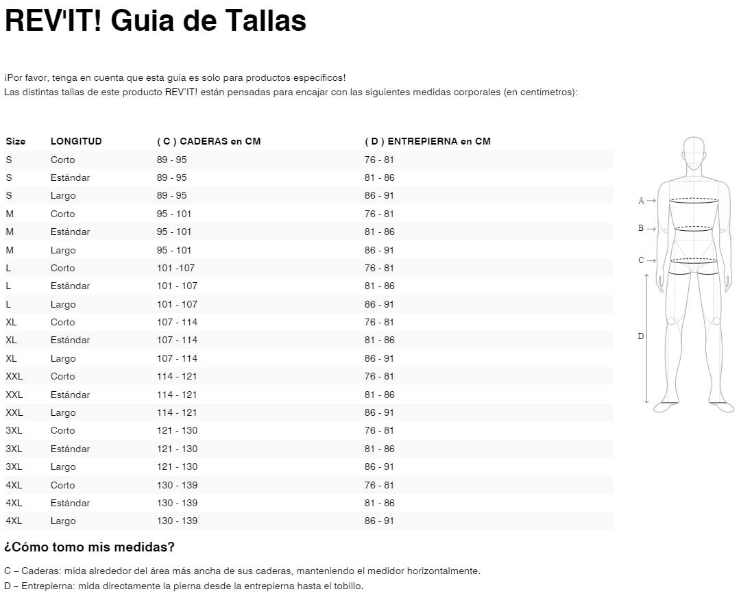 Gu&iacute;a de tallas de pantalon revit eclipse 2 fpt145 negro standard