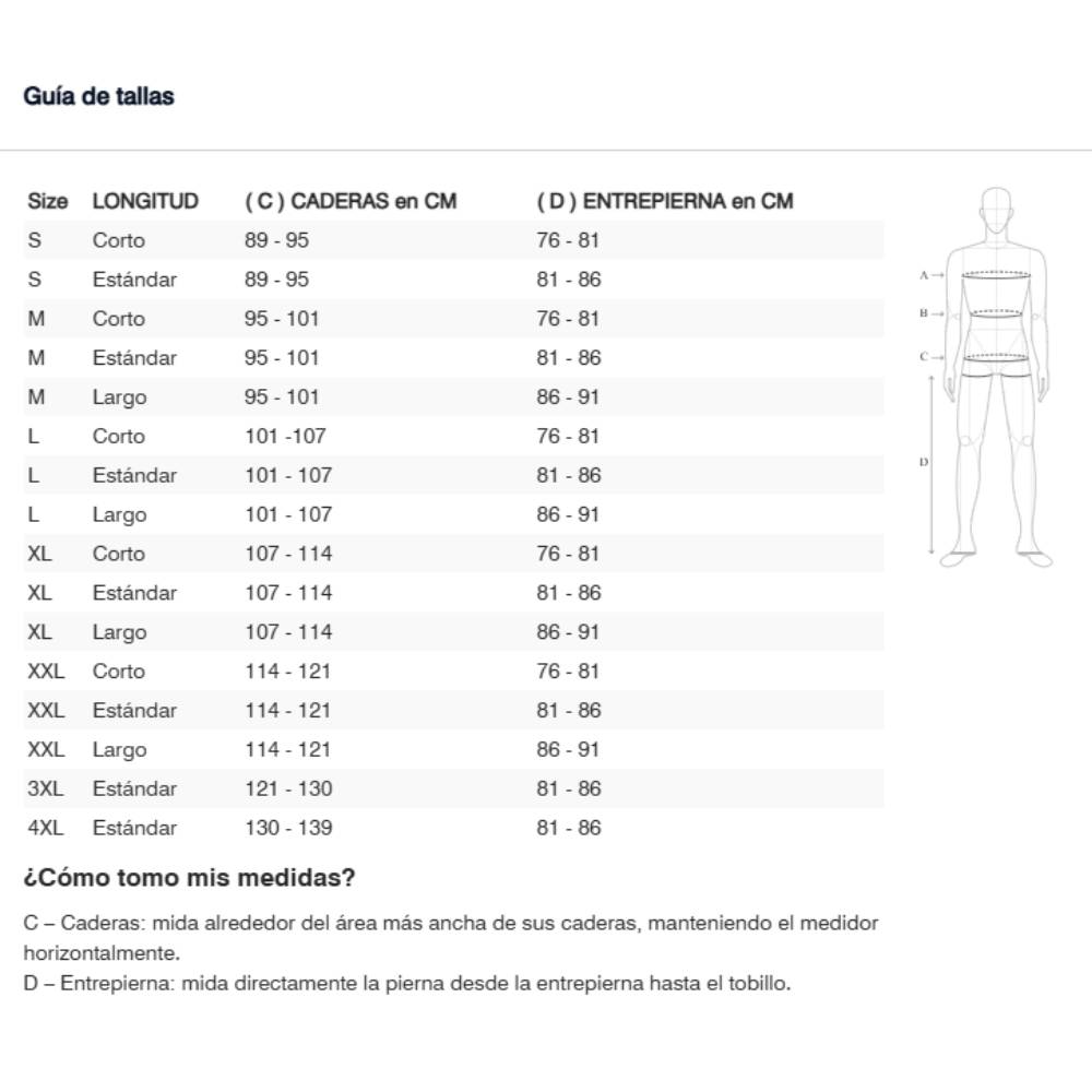Gu&iacute;a de tallas de Pantalón Revit Convergent H2O Corto Arena-Negro