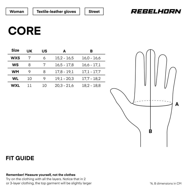 Gu&iacute;a de tallas de Guantes de moto Rebelhorn Core Negros Mujer