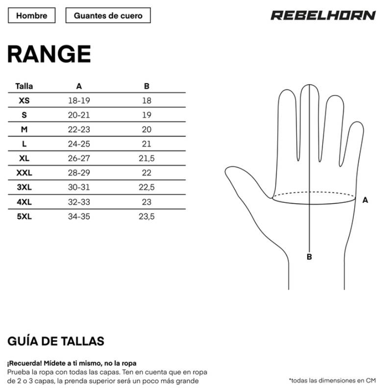Gu&iacute;a de tallas de Guantes de moto Rebelhorn Range Negros-Gris