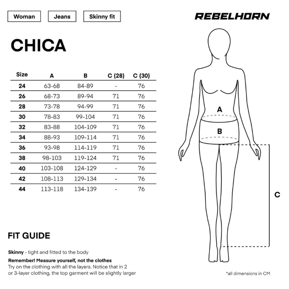 Gu&iacute;a de tallas de Pantalón Legging Largo 28 Rebelhorn Chica Mujer