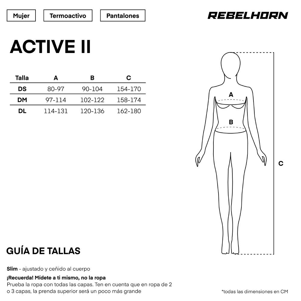 Gu&iacute;a de tallas de Pantalón térmico para mujer Active II Negro Rebelhorn