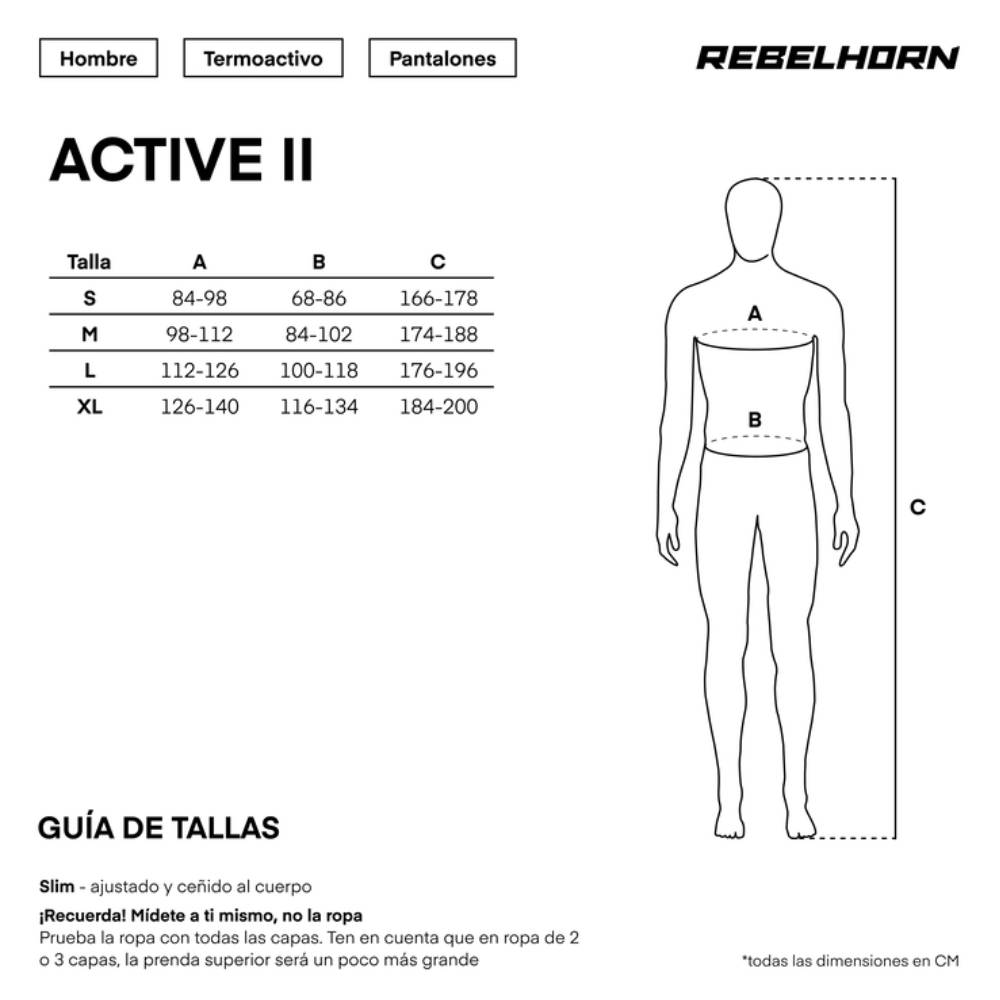 Gu&iacute;a de tallas de Pantalón térmico Active II Negro Rebelhorn