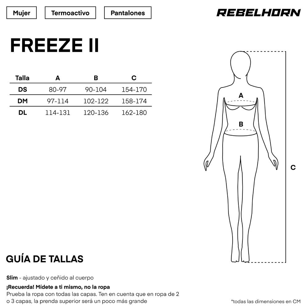 Gu&iacute;a de tallas de Pantalón térmico para mujer Freeze II Negro Rebelhorn