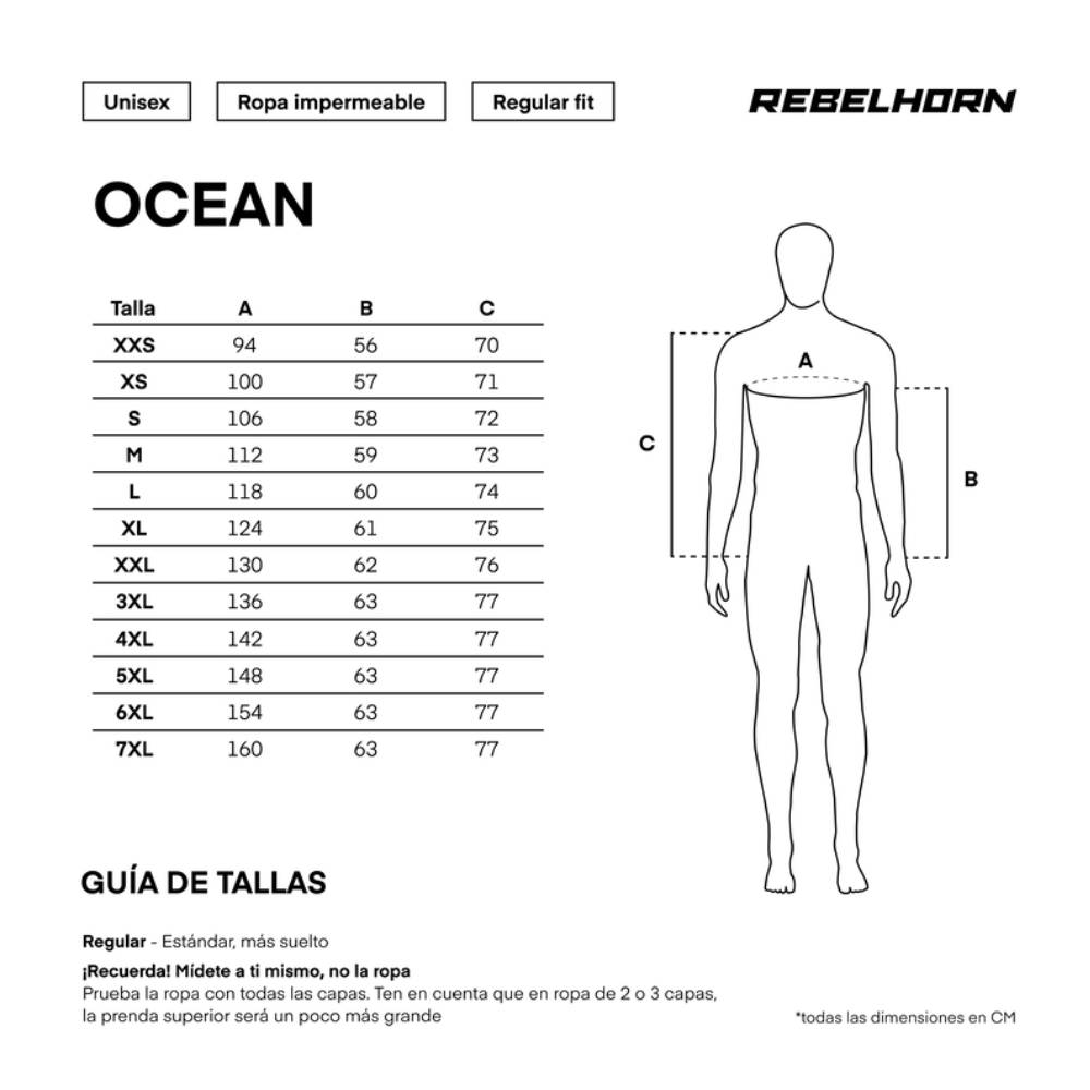 Gu&iacute;a de tallas de Chubasquero Ocean Rebelhorn fluor