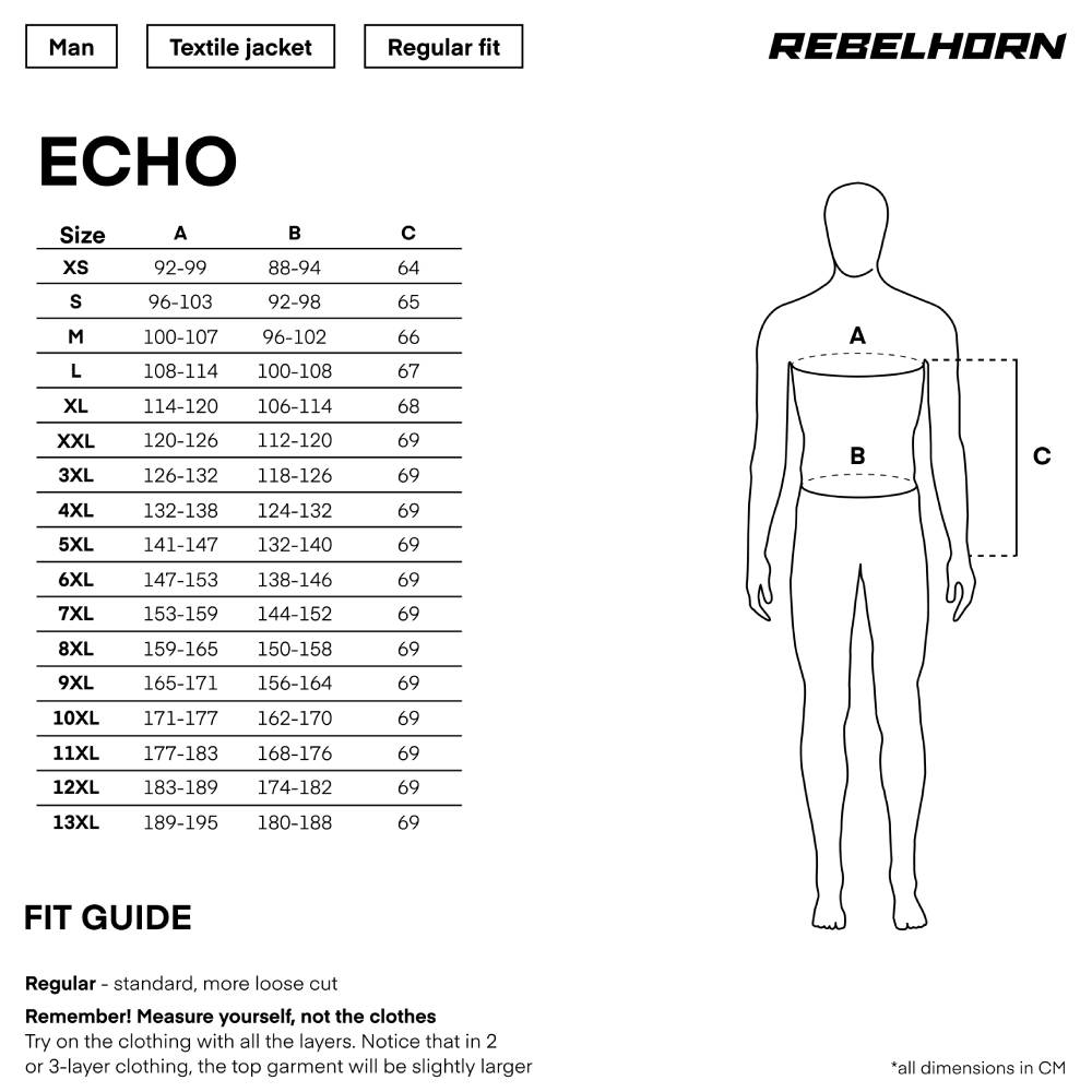 Gu&iacute;a de tallas de Chaqueta Rebelhorn Echo Negro