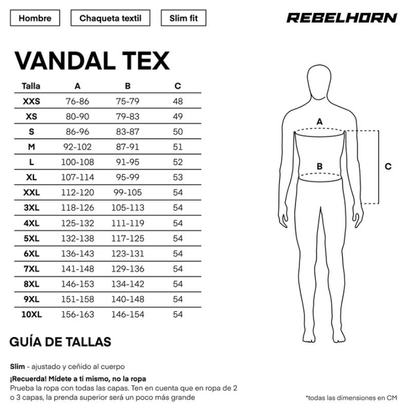 Gu&iacute;a de tallas de Chaqueta Rebelhorn Vandal Negro-Blanco UNIDAD DE PRUEBAS 2XL