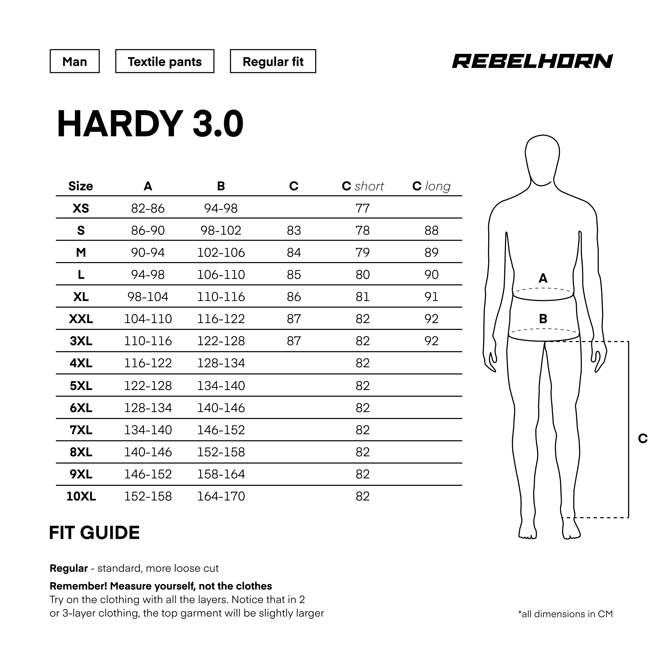 Gu&iacute;a de tallas de Pantalón Rebelhorn Hardy 3.0 Negro CORTOS