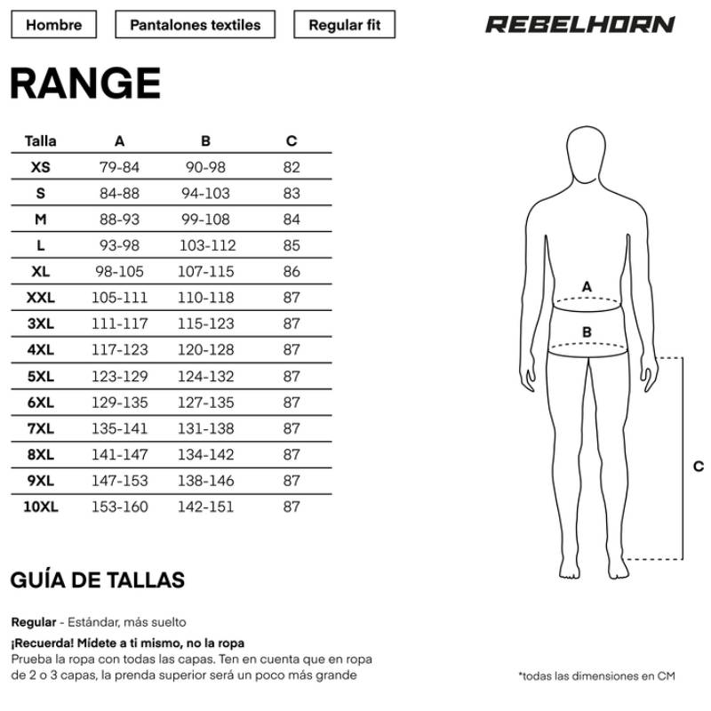 Gu&iacute;a de tallas de Pantalón moto Negro Rebelhorn Range. Talla 4XL