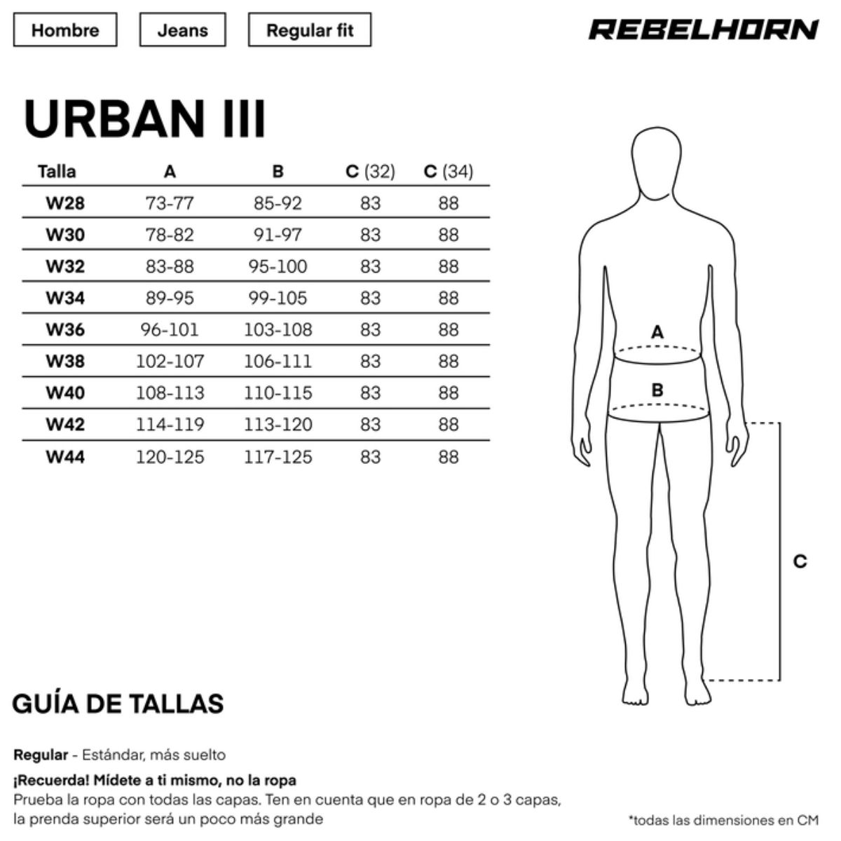 Gu&iacute;a de tallas de Pantalón vaquero Rebelhorn Urban III Negro