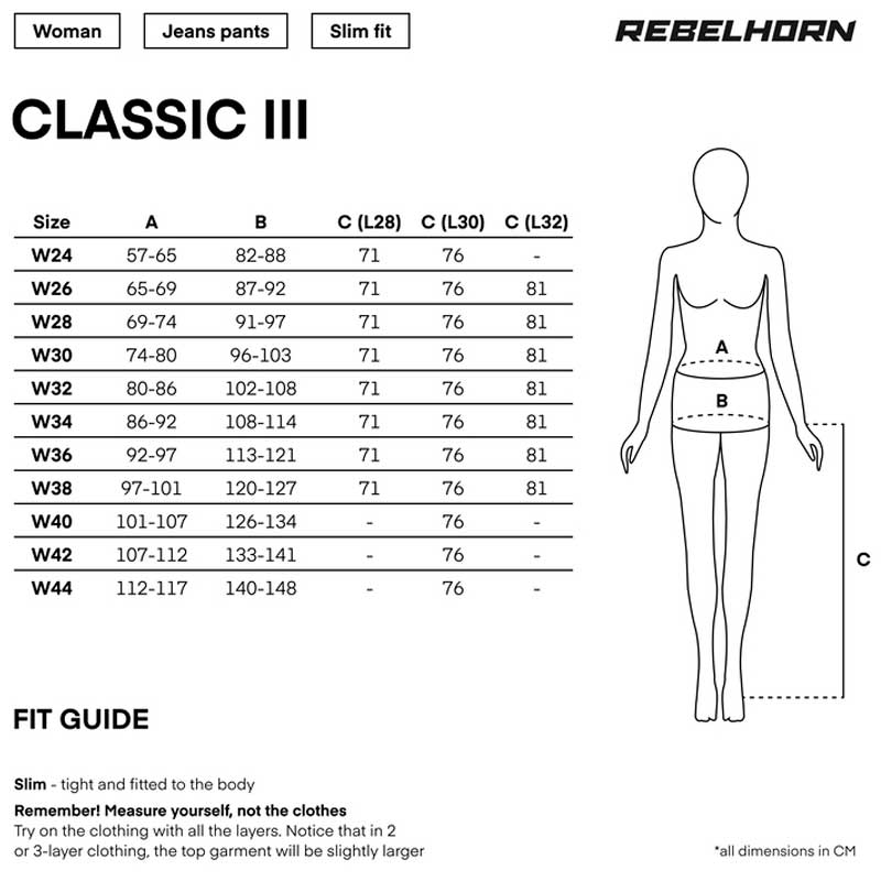 Gu&iacute;a de tallas de Pantalón vaquero Rebelhorn Classic III Mujer Slim Fit Negros. Talla 26/32