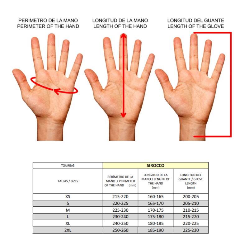 Gu&iacute;a de tallas de Guantes moto de verano Rainers modelo SIROCCO antideslizantes