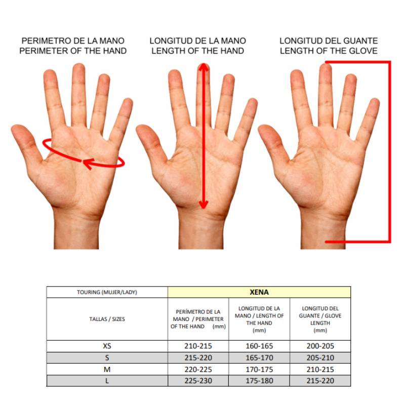 Gu&iacute;a de tallas de Guantes moto de verano Rainers XENA para mujer